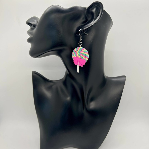 Rainbow Swirl Lollipop Sucker Earrings - Pink Bow with Pastel Rainbow - Picture 5 of 6